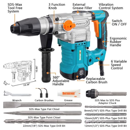 Berserker 1-9/16" SDS-Max Heavy Duty Rotary Hammer Drill with Vibration Control,Safety Clutch,13 Amp 3 Functions Demolition Rotomartillo for Concrete-Including 4 Drill Bits,2 Chisels,Carrying Case - Image 7