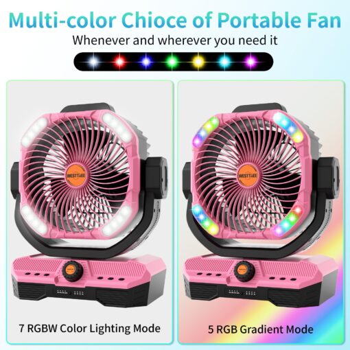 WESTTREE Battery Powered Fan Powerful Airflow Battery Operated Air Circulator Fan for Bedroom,Quiet & 360°Auto Oscillating Rechargeable Camping Fans with LED Light (RGBW) X66 Pink - Image 4