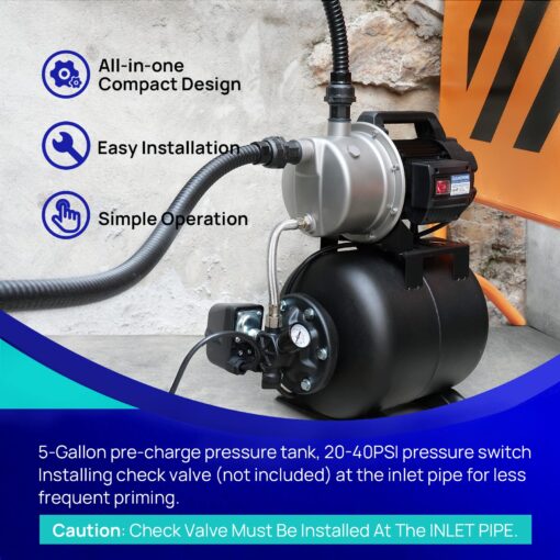Aquastrong 1.6 HP Shallow Well Pump with Pressure Tank, 1320 GPH, 115V, Stainless Steel Irrigation, Automatic Water Booster Jet Pump for Home, Garden, Lawn - Image 4