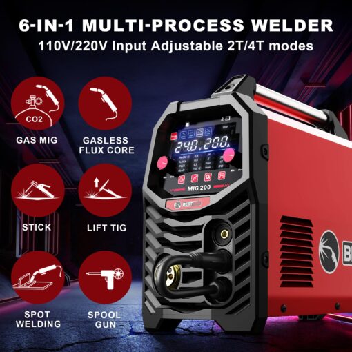 BESTMIG 200A MIG Welder - 6-in-1 IGBT Inverter Welding Machine, Gas/Gasless Flux Core, Stick, Lift TIG, Spot & Spool Gun - Portable 110V/220V Equipment - Image 7