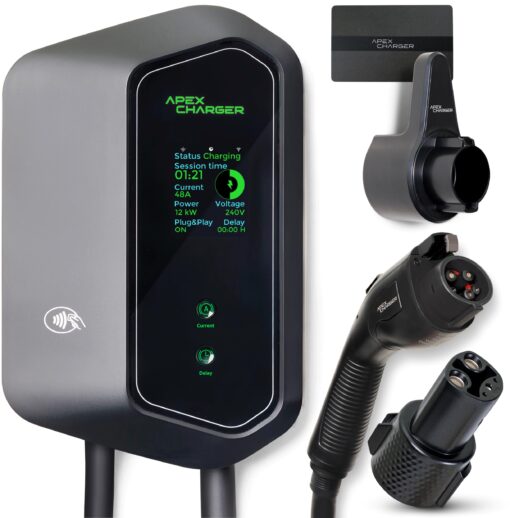 MACH 1: Fast 48 Amp Level 2 EV Charger, Wall-Mount Electric Vehicle Charging Station, 200-240V Hardwire or NEMA 14-50. J1772 car Connector & Tesla NACS, Indoor/Outdoor, 30ft Cable evse Adapter