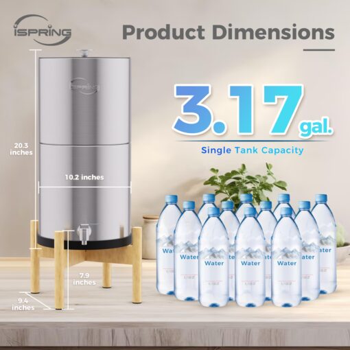iSpring DGF2-NW Gravity-Fed Stainless Steel Countertop Water Filter System with Natural Wood Base,with 2 Activated Carbon Water Filters,Chlorine Reduction,Portable Water Filter for Home and Party - Image 4