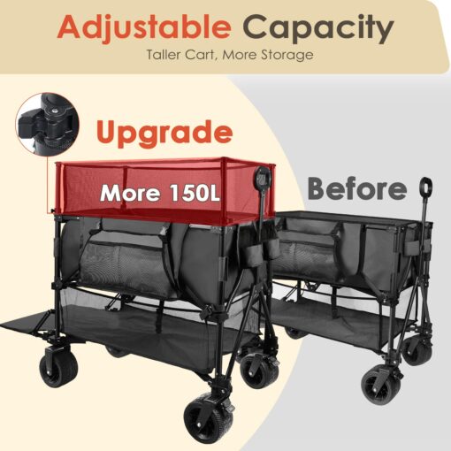 HOPERAN 550L XXL Foldable Double Decker Wagon-Greater Capacity,360° Adjustable Handle Heavy Duty 550LBS Collapsible Cart with 54" Extra Extender,All Terrain Double-Locking Brack Wheels (Black) - Image 9