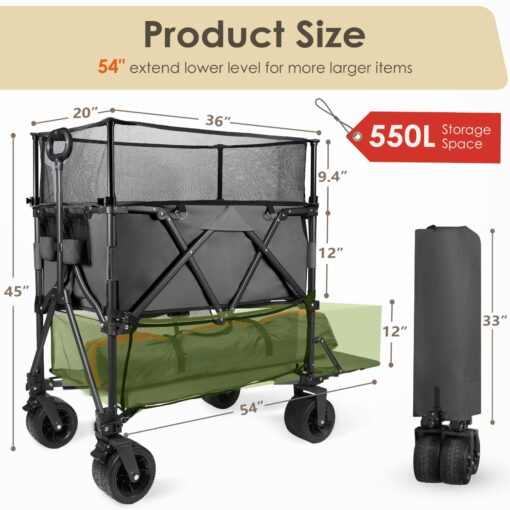 HOPERAN 550L XXL Foldable Double Decker Wagon-Greater Capacity,360° Adjustable Handle Heavy Duty 550LBS Collapsible Cart with 54" Extra Extender,All Terrain Double-Locking Brack Wheels (Black) - Image 4