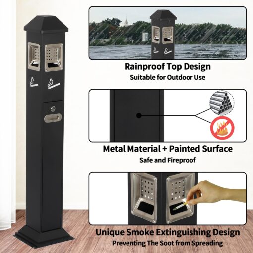 lukar Commercial Butt Receptacles Metal Butt Container Heavy Duty Ash Disposal Outdoor Vertical Trash Can for Patios Gardens Hotels Pubs Offices(Black) - Image 6