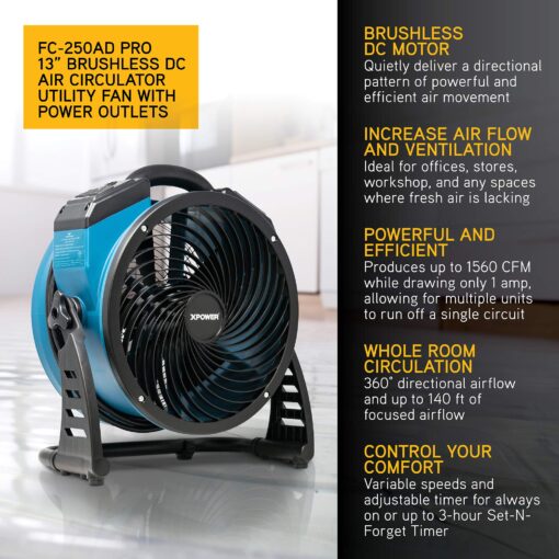 XPOWER FC-250AD DC Motor Heavy Duty Industrial High Velocity Whole Room Air Mover Air Circulator Utility Floor Fan with Daisy Chain, Variable Speed, Timer, 13 inch, 1560 CFM - Image 7