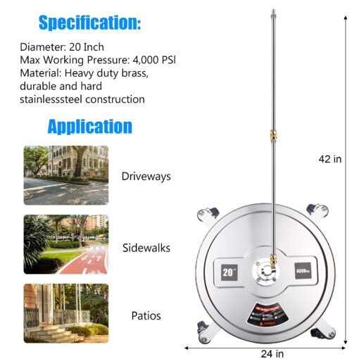 Twinkle Star 20" Pressure Washer Surface Cleaner with 4 Wheels, Stainless Steel Housing & 1/4" Quick Connector, Power Washer Attachment with 2 Extension Wand, 2 Replacement Nozzles, 4000 PSI - Image 7
