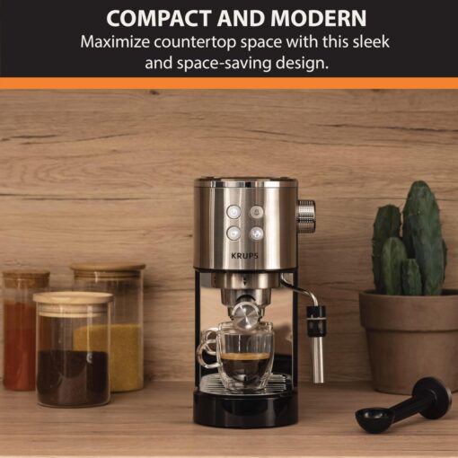 KRUPS Stainless Steel Espresso Machine: 15-Bar Pump Pressure, Milk Frother for Cappuccino and Latte, Fast Pre-Heat, 2-Cup Capacity, Cup Warmer, Easy Cleaning, 1350W, Silver - Image 4