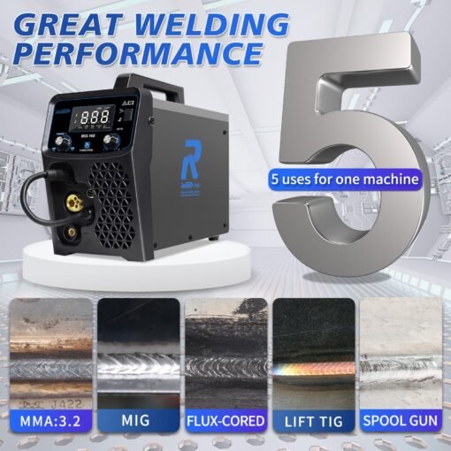 Redbo 110/220V Dual Voltage 160Amp Powerful MIG Welder,Gas MIG/Gasless Flux Core MIG/Stick/Lift TIG/Spool Gun 5 in 1 Multiprocess Welding Machine, MIG Welder with LED Digital Display Weld Aluminum - Image 3