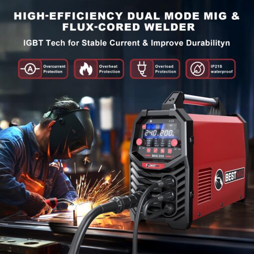 BESTMIG 200A MIG Welder - 6-in-1 IGBT Inverter Welding Machine, Gas/Gasless Flux Core, Stick, Lift TIG, Spot & Spool Gun - Portable 110V/220V Equipment - Image 6