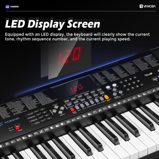 Vangoa 61 Key Keyboard Piano, Light-Up Electric Piano Keyboard Kit with 600 Voices, 400 Rhythms with Piano Stand, Microphone, Recording/USB, Gift for Beginners, Black (VGK6101) - Image 9