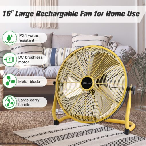 blessny 16" Battery Operated Floor Fan, 20000 mAh Large Rechargeable Cordless Fan for Camping Gazebo Chicken Coop Greenhouse Hurricane Home (High Velocity 2500 CFM) - Image 5