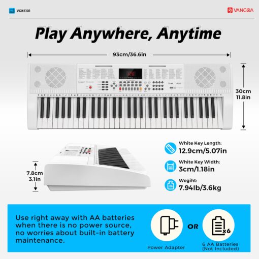 Vangoa Keyboard Piano 61 Key, Full Size Electric Piano Keyboard Light UP Keys with 3 Teaching Modes, Learning Music Keyboard Piano with Stand Headphones for Beginners Students, VGK6101 White - Image 8