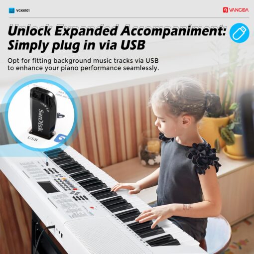 Vangoa Keyboard Piano 61 Key, Full Size Electric Piano Keyboard Light UP Keys with 3 Teaching Modes, Learning Music Keyboard Piano with Stand Headphones for Beginners Students, VGK6101 White - Image 9