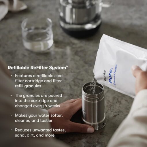 aarke Purifier Regular - 1.18 L Glass Water Filter Pitcher Bundle, Refillable Stainless Steel Filter, BPA-Free, Includes (3-Pack) Refill Pure Granules, Reduce Heavy Metals - Image 7