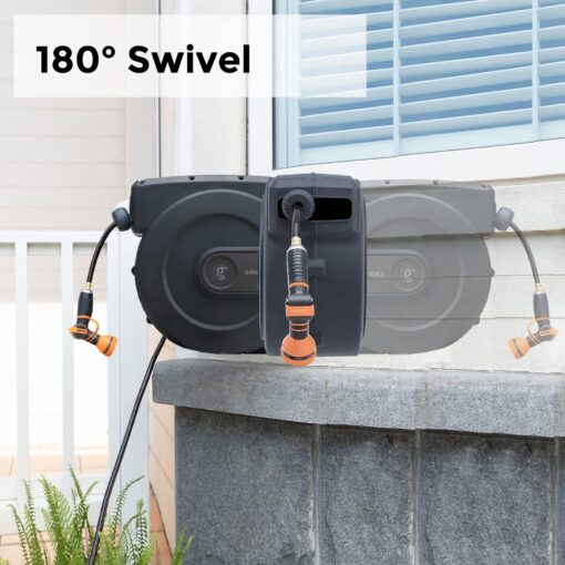 Giraffe Tools AW505/8 Retractable Garden Hose Reel 5/8" x 115+5 ft, Heavy Duty Wall Mounted Water Hose Reel Automatic Rewind, 180 Deg Swivel Bracket, Slow Retraction, 115ft, Dark Grey - Image 4