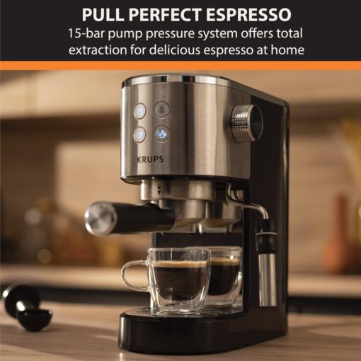 KRUPS Stainless Steel Espresso Machine: 15-Bar Pump Pressure, Milk Frother for Cappuccino and Latte, Fast Pre-Heat, 2-Cup Capacity, Cup Warmer, Easy Cleaning, 1350W, Silver - Image 6