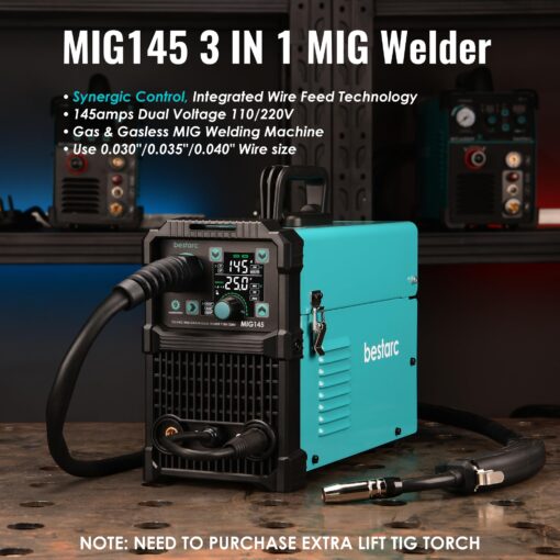 bestarc 145A MIG Welder, 110V/220V Dual Voltage Gas/Gasless Flux Core MIG Welder/Lift TIG/Stick 3 in 1 Synergic MIG145 9GEN Welding Machine, Flux/Solid Welder Digital Screen Display - Image 8