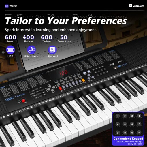 Vangoa 61 Key Keyboard Piano, Light-Up Electric Piano Keyboard Kit with 600 Voices, 400 Rhythms with Piano Stand, Microphone, Recording/USB, Gift for Beginners, Black (VGK6101) - Image 7