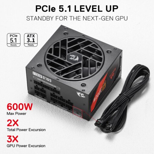 Redragon RGMS-1000W PRO 80+ Gold 1000 Watt Power Supply w/Upgraded ATX 3.1 & PCIe 5.1 Fully Modular, Compact 150mm Size, Smart ECO Low Noise Fan, 100% Japanese Capacitors, Full Mod Cables - Image 8