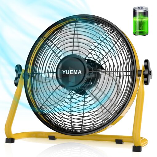 YUEMA Battery Operated Powered 14 Inch Floor Fan High Velocity Rechargeable Fan Cordless Metal Blade Portable Fan for Camping Travel Patio Tent Indoor Outdoor 360 Degree Manual Tilt 12 Speed