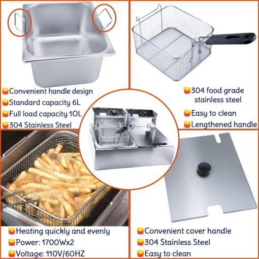 Commercial Deep Fryer with Basket, 3400W 12.7QT/12L, Detachable Large Capacity Stainless Steel Countertop Electric Oil Fryer with Temperature Control for Restaurant or Home Use - Image 7