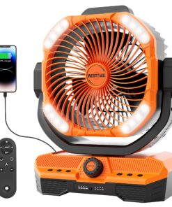 WESTTREE Battery Powered Fan Powerful Airflow Battery Operated Air Circulator Fan for Bedroom,Quiet & 360°Auto Oscillating Rechargeable Camping Fans with LED Light (RGBW) X66 Orange