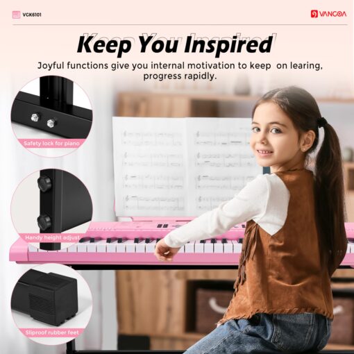 Vangoa Pink Piano Keyboard 61 Key, Electric Keyboard Kit Portable Music Keyboard for Kids Students with Microphone, 600 Tones, 400 Rhythms, 50 Demos, Gift for Beginners - Image 6