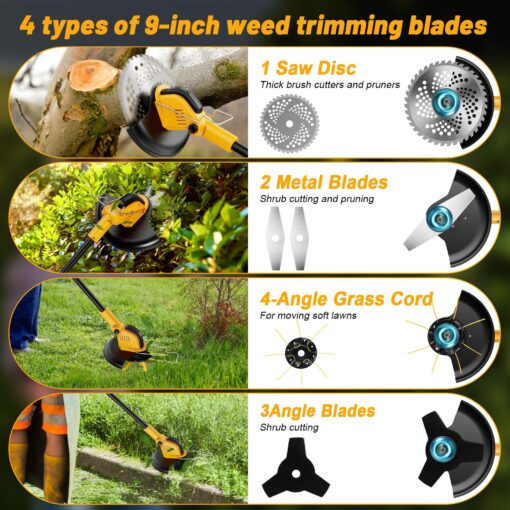 12 Inch Electric Weed Wacker, Lightweight Electric Weed Eater,800W Brushless Motor, 6000mAH, 2 Batteries, Multifunctional Grass Trimmer Lawn Tool,Yellow - Image 6