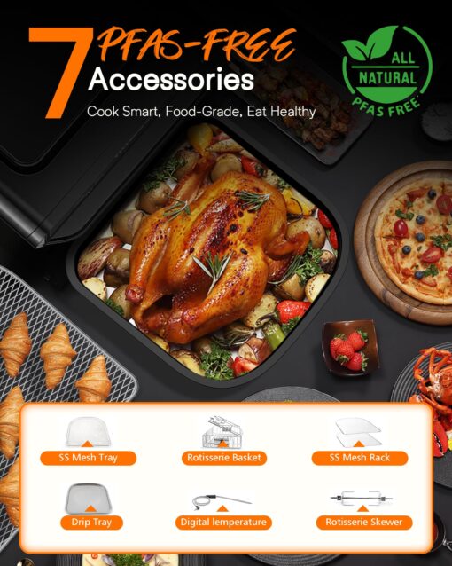 Nuwave Brio 15.5Qt Air Fryer Toaster Oven & Rotisserie Kit, 2024 New Advanced Turbo Convection Tech, Healthy PFAS Free, Max Even & Crisp, Powerful 1800W, 50-425°F, 150 Presets, Smart Probe, 4 Rack - Image 4
