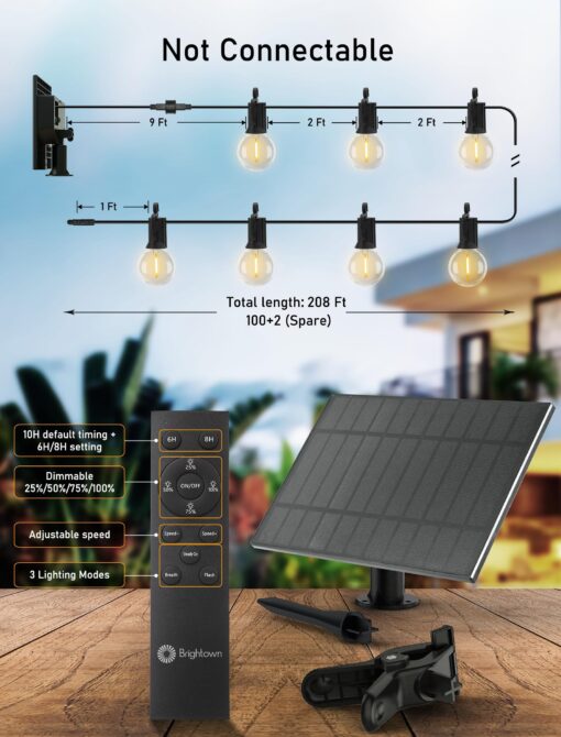 Brightown 208FT Solar String Lights Outdoor Waterproof with Remote, Solar Patio Lights with 100 Shatterproof LED Bulbs, 3 Light Mode, Dimmable & Timer, Hanging String Lights for Porch Garden Bistro - Image 4