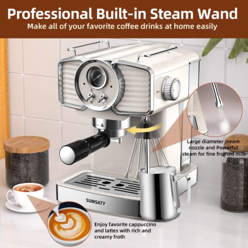 SUMSATY Espresso Machine 20 Bar, Professional Espresso Maker with Milk Frother Steamer Wand, Espresso Coffee Machine Off-white, Cappuccino & Latte Machine for Home, Retro, 1.8L Removable Water Tank - Image 7