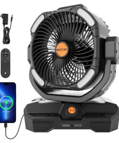 WESTTREE Battery Operated Large Airflow Fan,45000mAh Rechargeable Camping Cordless Fan with 360°Auto Oscillation & Timer, Queit Battery Powered Tent Fans Portable with RGBW Lights for Home X66 Black