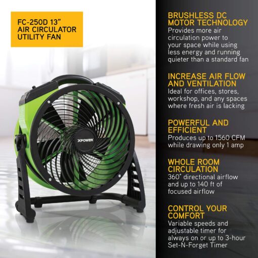 XPOWER FC-250D DC Motor Heavy Duty Industrial High Velocity Whole Room Air Mover Air Circulator Utility Floor Fan, Variable Speed, Timer, 13 inch, 1560 CFM - Image 7
