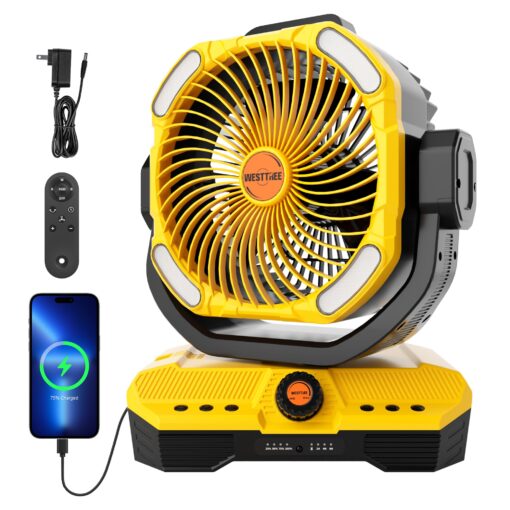 WESTTREE Battery Operated Large Airflow Fan,45000mAh Rechargeable Camping Cordless Fan with 360°Auto Oscillation & Timer, Queit Battery Powered Tent Fans Portable with RGBW Lights for Home X66 Yellow