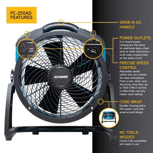 XPOWER FC-250AD DC Motor Heavy Duty Industrial High Velocity Whole Room Air Mover Air Circulator Utility Floor Fan with Daisy Chain, Variable Speed, Timer, 13 inch, 1560 CFM - Image 6