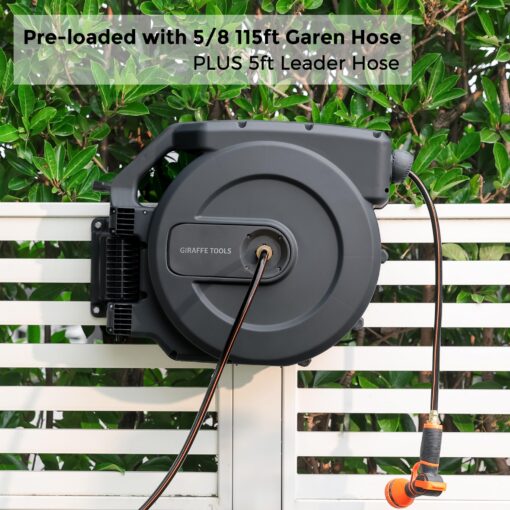 Giraffe Tools AW505/8 Retractable Garden Hose Reel 5/8" x 115+5 ft, Heavy Duty Wall Mounted Water Hose Reel Automatic Rewind, 180 Deg Swivel Bracket, Slow Retraction, 115ft, Dark Grey - Image 6