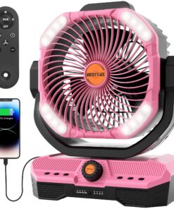 WESTTREE Battery Powered Fan Powerful Airflow Battery Operated Air Circulator Fan for Bedroom,Quiet & 360°Auto Oscillating Rechargeable Camping Fans with LED Light (RGBW) X66 Pink