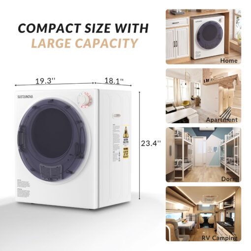 Elevon Portable Clothes Dryer 800W, Compact Dryer for laundry with 5 Drying Modes, 1.95 Cu.ft Front Load Dryer Machine, Stainless Steel Tub for Small Space, Apartments, RVs, Overheat Protection, White - Image 8