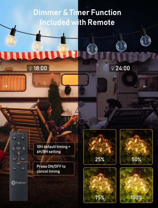 Brightown 208FT Solar String Lights Outdoor Waterproof with Remote, Solar Patio Lights with 100 Shatterproof LED Bulbs, 3 Light Mode, Dimmable & Timer, Hanging String Lights for Porch Garden Bistro - Image 7