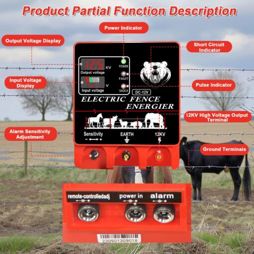 9J Electric Fence Charger Energizer, 9 Joules 400 Acres, AC DC 2 in 1 Powered Supply, Input 12V Output 12KV, with Display Alarm and Remote, Deter Predators, Contain Cattle Cow and Livestock - Image 2
