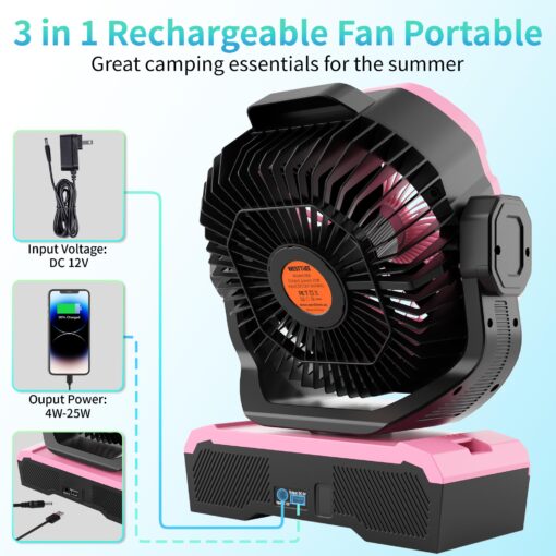 WESTTREE Battery Powered Fan Powerful Airflow Battery Operated Air Circulator Fan for Bedroom,Quiet & 360°Auto Oscillating Rechargeable Camping Fans with LED Light (RGBW) X66 Pink - Image 5
