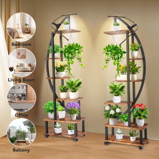 homegroove 2 pcs 6 Tier Tall Metal Plant Stand Indoor with Growing Light, Half Moon Shape Large Plant Shelf & Detachable Wheels, Curved Ladder Flower Pot Stand Rack for Home Patio Lawn Garden Balcony - Image 3