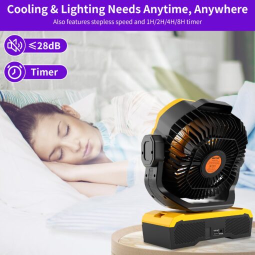 WESTTREE Battery Operated Large Airflow Fan,45000mAh Rechargeable Camping Cordless Fan with 360°Auto Oscillation & Timer, Queit Battery Powered Tent Fans Portable with RGBW Lights for Home X66 Yellow - Image 4
