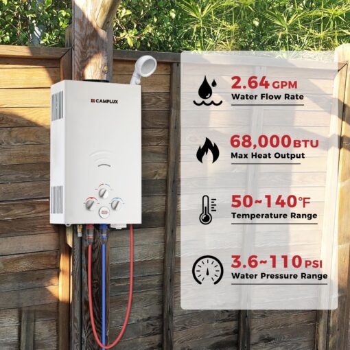 CAMPLUX 2.64 GPM Propane Portable Gas Water Heater, 68,000 BTU Outdoor Tankless Camping Water Heater with Digital Display, White - Image 8