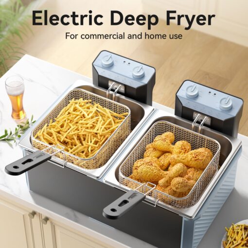 Commercial Deep Fryer w/ 2 Baskets & Lids, 21.2QT Large Electric Fryer, Double Oil Fryer for Chicken/Fish, w/ 30-Min Timer, Adjustable Temp, Safety Lock, Overheat Reset, 3400W for Home/Restaurant Use - Image 8