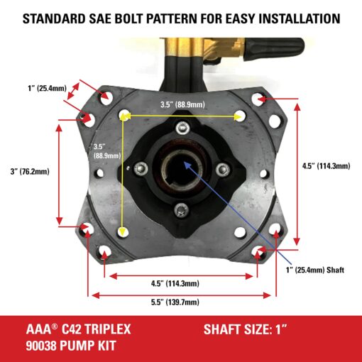 AAA Pumps 90038 Horizontal Triplex Plunger Replacement Pressure Washer Pump Kit, 3800 PSI, 3.5 GPM, 1" Shaft, Includes Hardware and Siphon Tube, for Industrial Gas Powered Machines, Black - Image 6