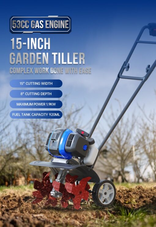 WILD BADGER POWER Garden Tiller 53cc Mini Cultivator 15 inch Powerful Liftable Booster Rod Tilling Tool for Lawn, Garden and Field Soil Cultivation - Image 7