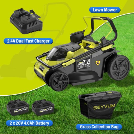 SEYVUM 40V 16-inch Cordless Lawn Mower with 45L Grass Collection Bag, 6 Position Height Adjustment Electric Lawn Mower, 2 x 20V 4.0Ah Battery Powered Push Lawnmower, 2.4A Fast Charger Included - Image 2