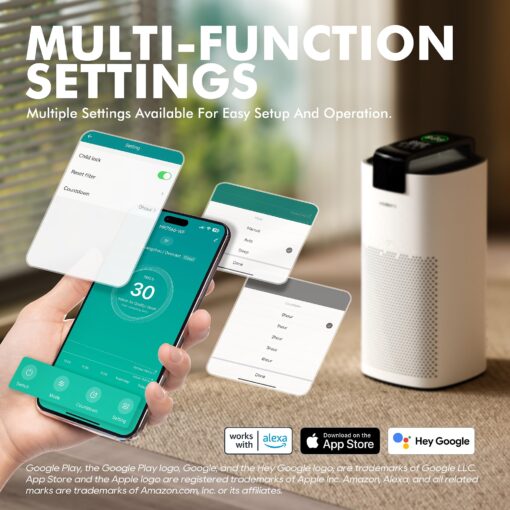 MORENTO Air Purifiers for Home Large Room Up to 2050 Ft² with PM 2.5 Air Quality Sensor, Smart WiFi and Sleep Mode, Hepa Filters Filter Airborne Particles, Handheld Home Air Purifier - White - Image 2